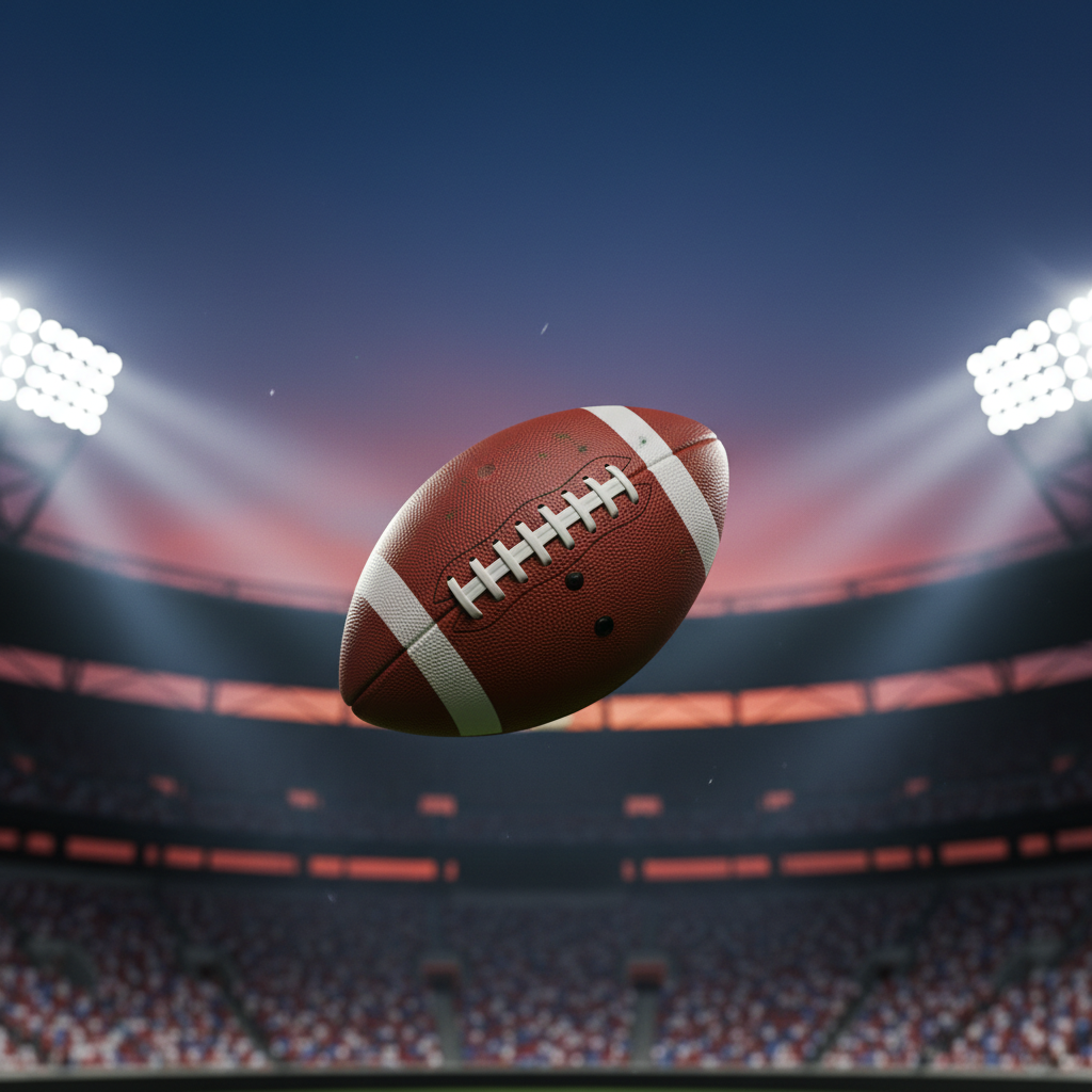 A high-impact freeze-frame of a football spiraling through the air in an empty stadium at dusk, captured in photographic realism. The textured leather, white laces, and faint turf marks on the ball are in razor-sharp focus, while the expansive rows of seats and towering light structures blur into the background. The sky glows with a bold gradient of deep blue into fiery orange, as stadium floodlights flick on, casting long beams and subtle lens flares. Shot from a slightly low angle, the composition centers the football mid-flight, symbolizing clutch moments, viral highlights, and the drama of NFL Sundays without showing any players or logos. The mood is intense, anticipatory, and cinematic.