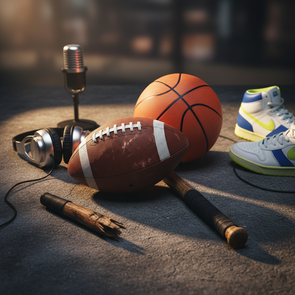 A powerful collage-style tabletop scene where three iconic pieces of equipment converge: a scuffed leather football with visible stitching, a worn wooden baseball bat with taped handle, and a bright orange basketball with deep black grooves, arranged in a tight triangular formation on a dark concrete surface. Around them lie scattered metallic headphones, a sleek black microphone, and a pair of high-top sneakers with vivid accent colors, hinting at culture, music, and fashion influences. Side lighting from a single warm spotlight creates dramatic shadows and intense contrast, while the background falls into deep blur. Photographic realism and a slightly low angle give the composition a bold, editorial magazine feel, symbolizing the intersection of sports, media, and lifestyle.