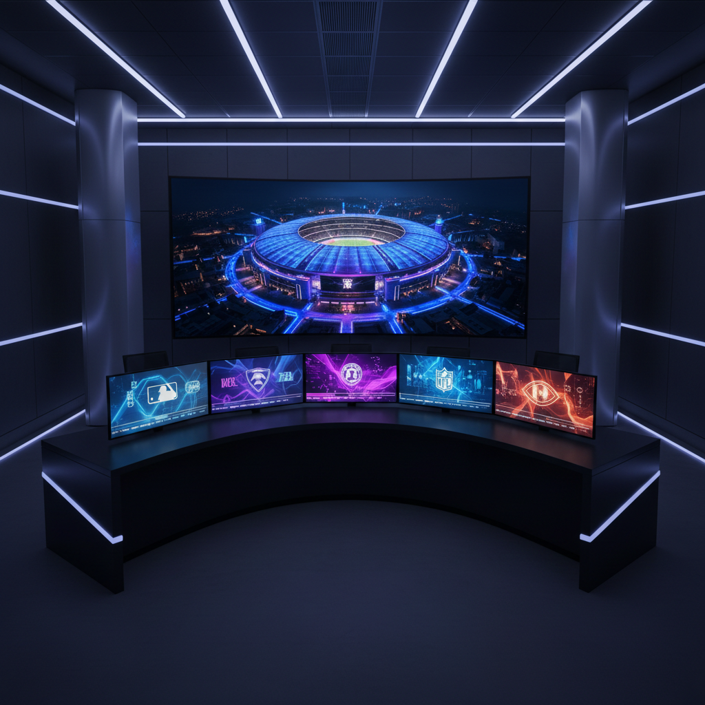 A sleek, ultra-modern sports media command center featuring a wide, curved black desk covered with multiple slim LED screens displaying abstracted MLB, NFL, and NBA interfaces, score lines, and live-ticker style graphics with no legible text. The room glows with cool blue and electric purple accent lighting, reflecting off brushed metal surfaces and a matte charcoal wall. A large central screen shows a stylized stadium aerial at night. Photographic realism with sharp focus and a slightly elevated angle emphasizes the high-tech environment. The overall mood is bold, fast-paced, and data-driven, capturing the energy of a digital newsroom delivering real-time scores, breaking alerts, and cross-sport coverage.
