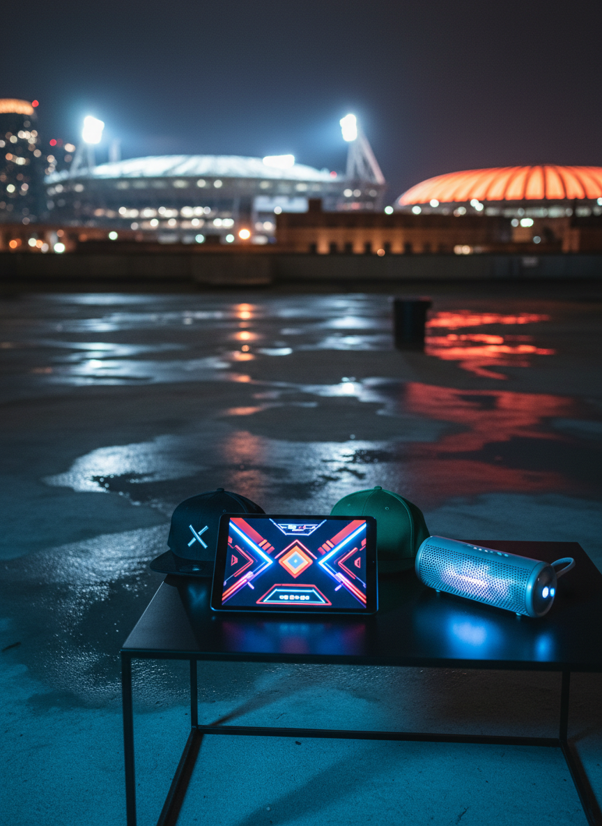 An atmospheric nighttime city rooftop transformed into a sports culture hangout, with a low black table featuring a glowing tablet streaming an abstracted game interface, next to a pair of stylish, unlabeled snapback caps and a polished chrome portable speaker. In the background, blurred stadium lights and a distant, illuminated arena dome glow against the skyline. Neon reflections in puddles on the rooftop concrete add electric blues and reds. Soft ambient city light mixes with the tablet’s cool screen glow, creating a bold, cinematic mood. Photographic realism, shot from an eye-level angle with a wide lens, emphasizes the merging of sports, music, and urban lifestyle that defines next-generation fan culture.