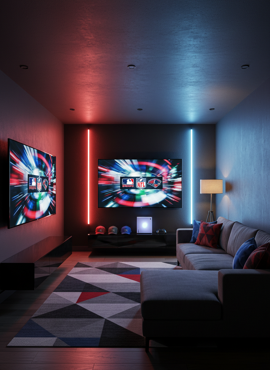 A stylish living room setup designed for the ultimate next-gen sports fan, featuring a large wall-mounted television displaying abstract, motion-blurred MLB, NFL, and NBA game footage with no recognizable players. Below, a sleek black media console holds a game console, wireless controller, and a row of minimalist, unlabeled team-colored caps. Neon LED strips wash the walls in bold red and electric blue, contrasting with a dark charcoal sofa and a geometric rug. Photographic realism with a wide-angle composition captures the entire scene, lit by the TV’s cool glow and subtle floor lamp warmth. The mood is immersive and modern, highlighting how fans experience sports, entertainment, and gaming all in one space.